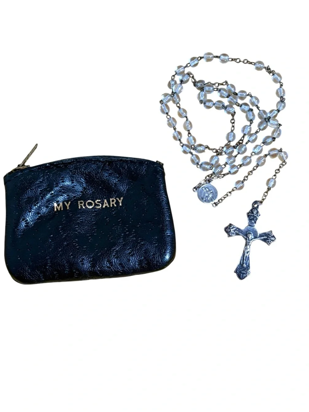Vintage Clear Glass Beads Rosary With Leather Case Italy Crucifix Medal